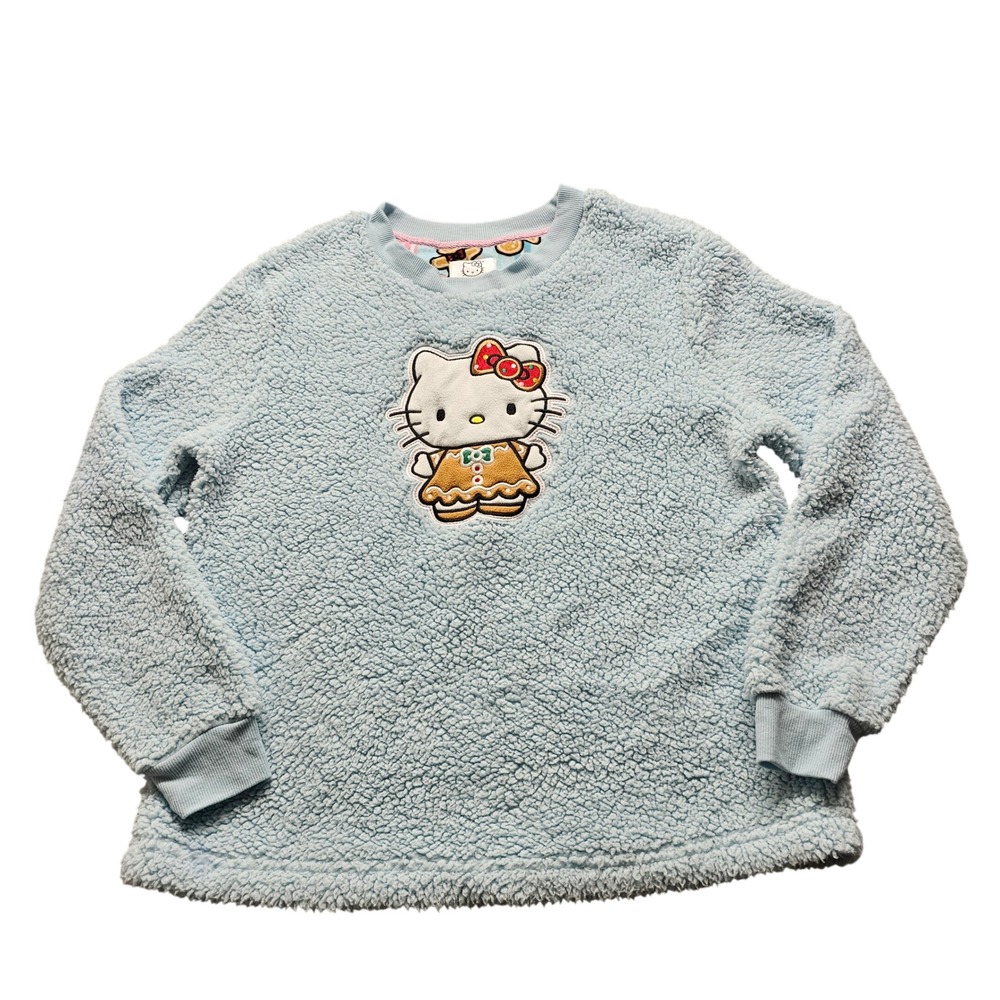 Sanrio Hello Kitty Gingerbread Sherpa Fleece Pullover Sweatshirt Blue Large